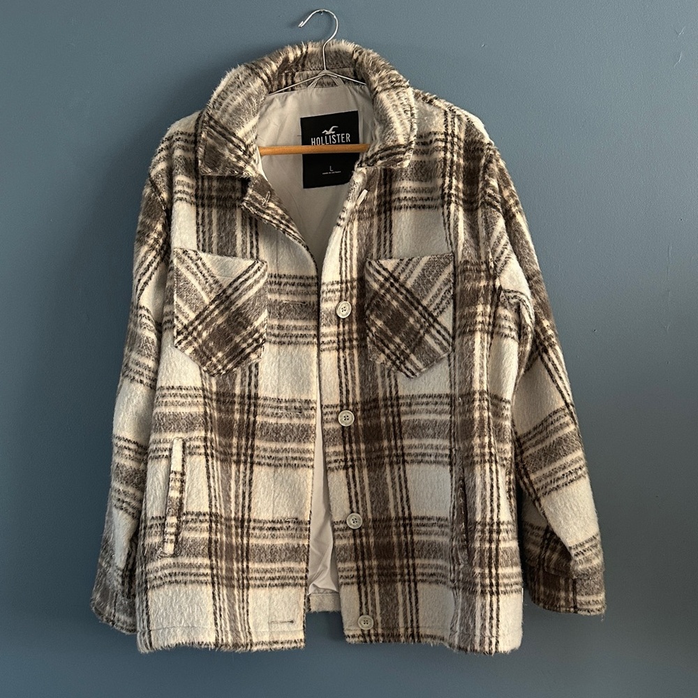 Hollister Checkered Jacket in Light Blue with black, cream and gray.